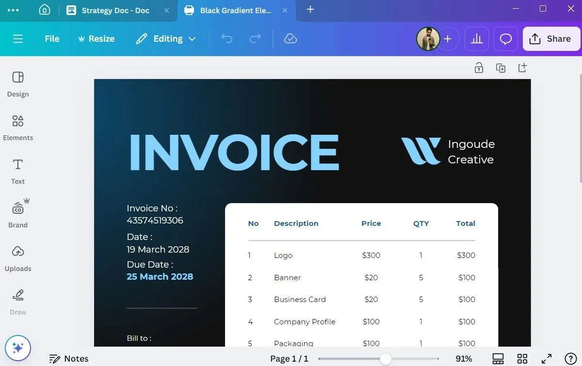 Mẫu hóa đơn chuyên nghiệp đang được tùy chỉnh trên ứng dụng Canva desktop