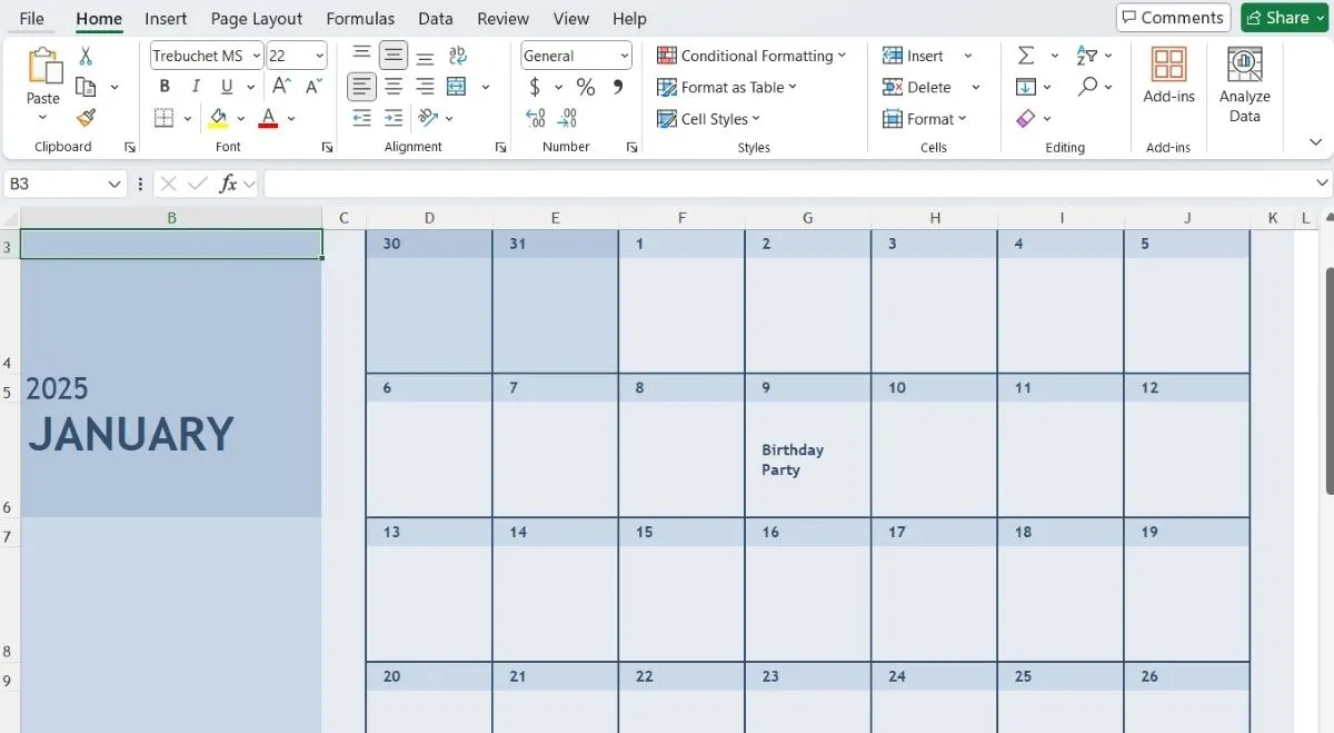Mẫu lịch tháng 1 được tạo và tùy chỉnh sinh động trên bảng tính Microsoft Excel