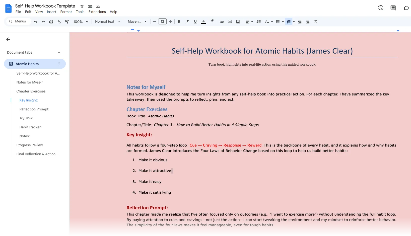 Mẫu sổ tay bài tập thực hành được tạo trong Google Docs để áp dụng kiến thức sách self-help.