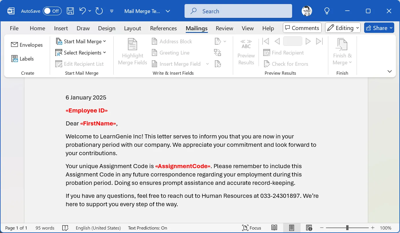 Mẫu tài liệu Word với các trường trộn thư Mail Merge được chèn
