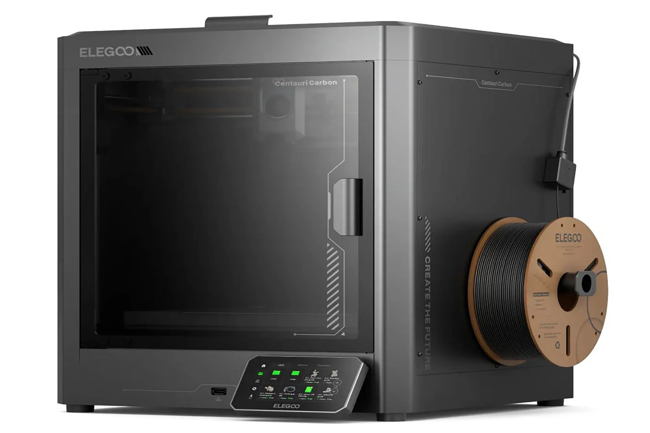 Máy in 3D Elegoo Centauri Carbon màu trắng nhìn từ bên cạnh, thể hiện thiết kế buồng kín và khay đựng vật liệu