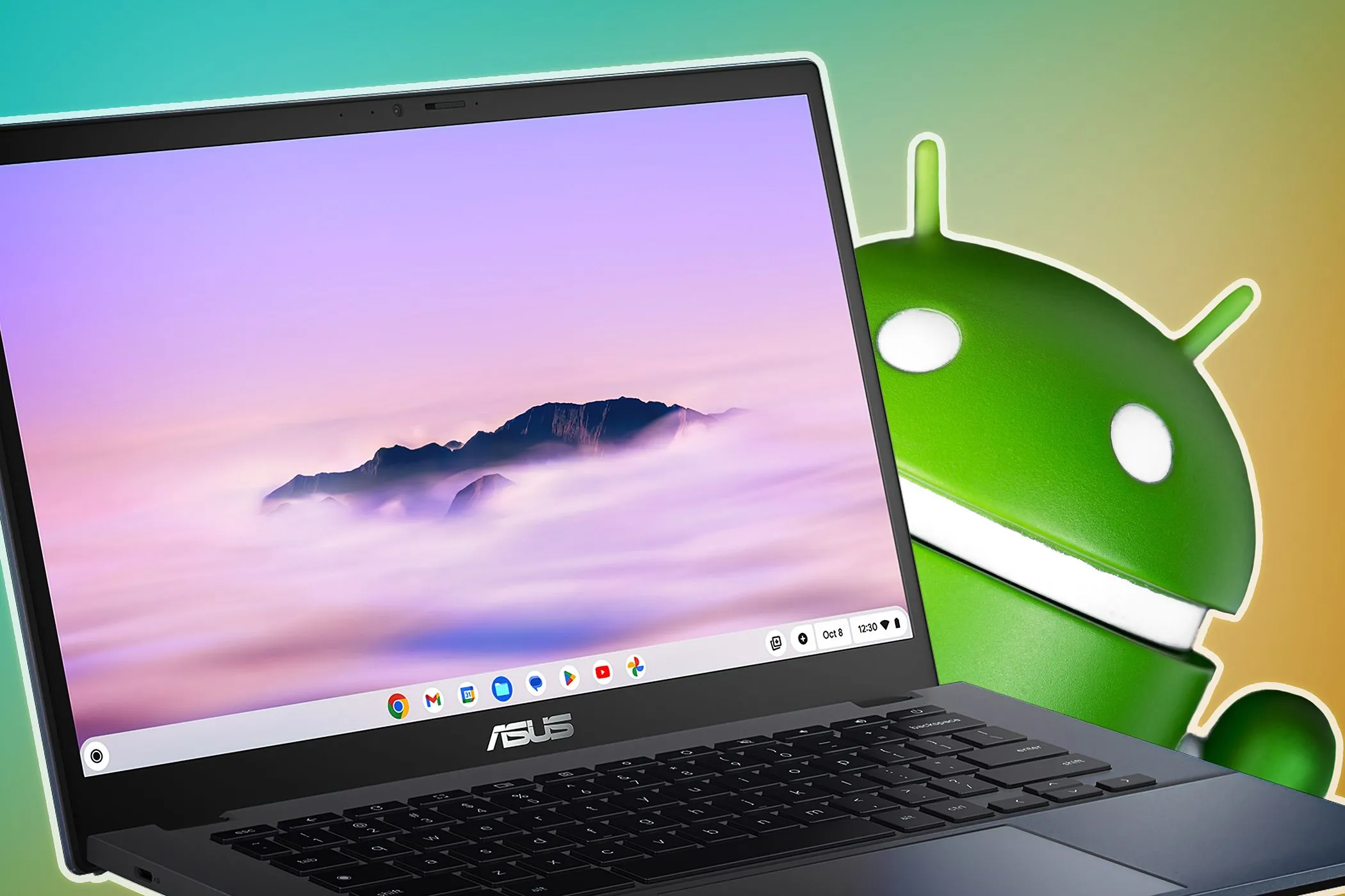 Máy tính xách tay ASUS Chromebook với logo Android, biểu thị khả năng tương thích với ứng dụng Android và Linux.