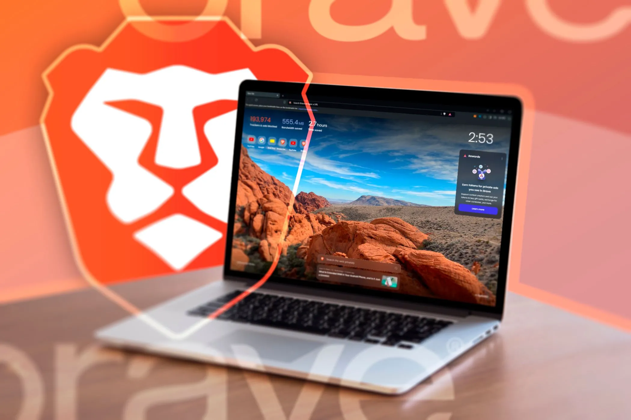 Máy tính xách tay hiển thị Brave Browser mở, với logo Brave ở hậu cảnh