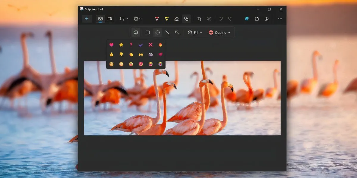 Menu biểu tượng cảm xúc trong tùy chọn Shapes của Snipping Tool trên Windows 11