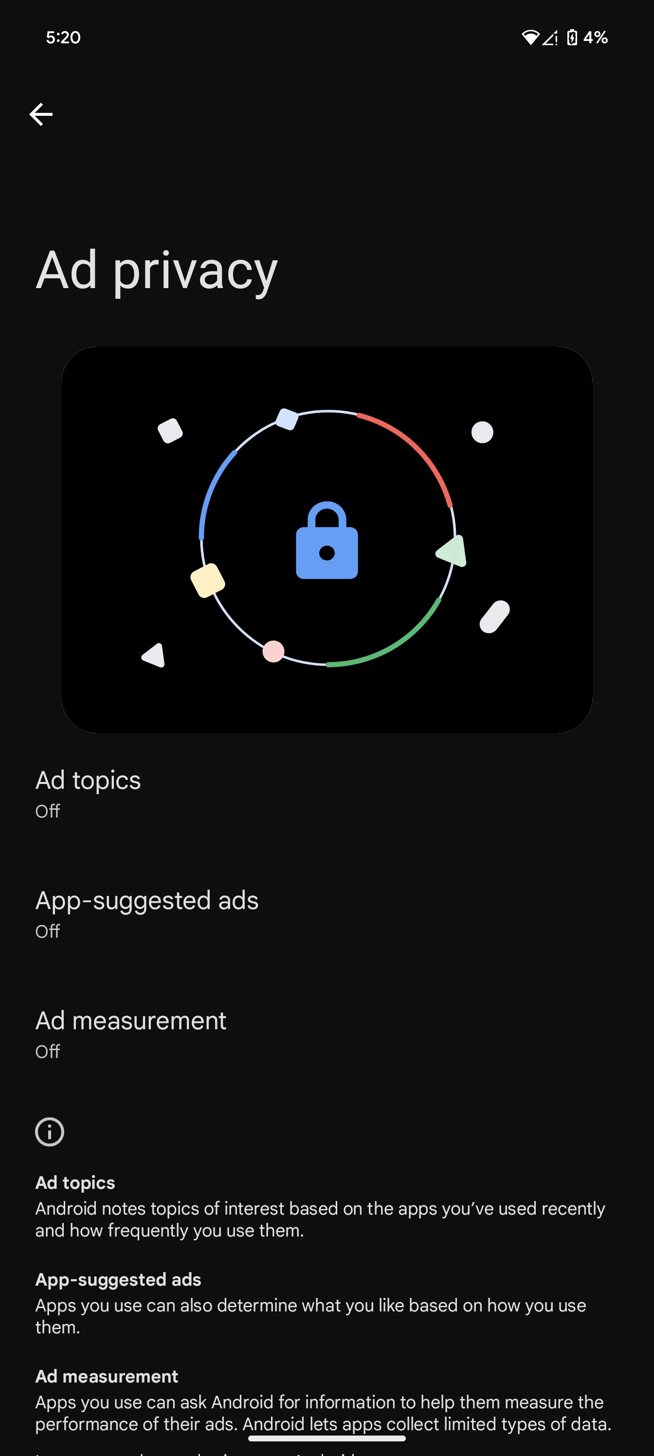 Menu cài đặt Android với các tùy chọn tắt quảng cáo cá nhân hóa của Google