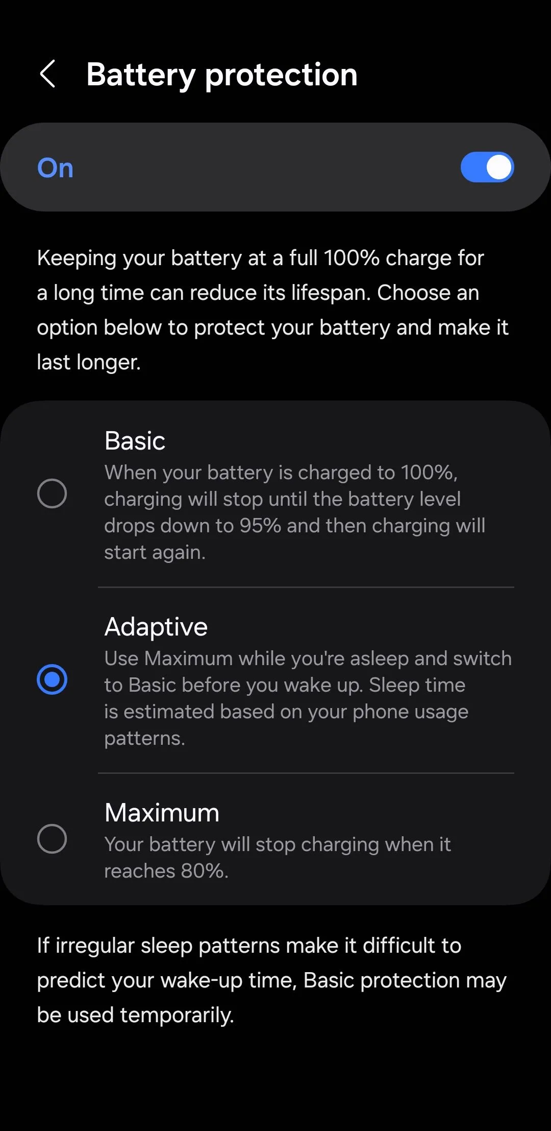 Menu cài đặt Bảo vệ pin trên Android giúp kéo dài tuổi thọ pin