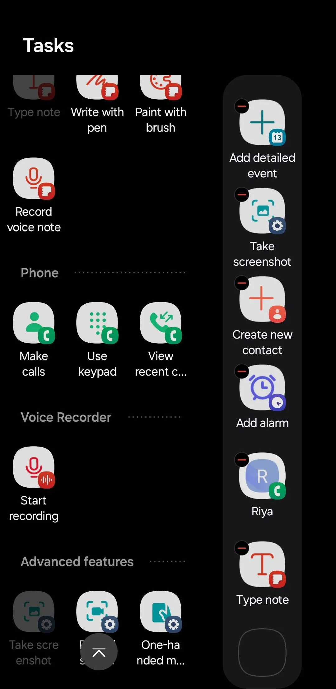 Menu cài đặt các tác vụ (Tasks) trong Bảng điều khiển cạnh (Edge panel) của Samsung, cho phép người dùng tùy chỉnh và thêm các phím tắt hành động nhanh.