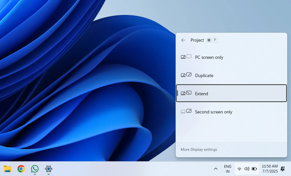 Menu cài đặt chế độ chiếu màn hình Project trên Windows 11