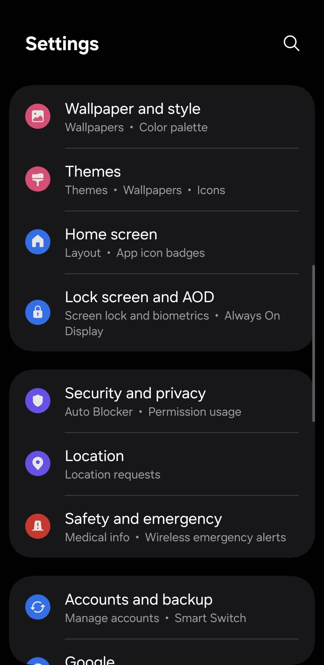 Menu Cài đặt chung trên điện thoại Android
