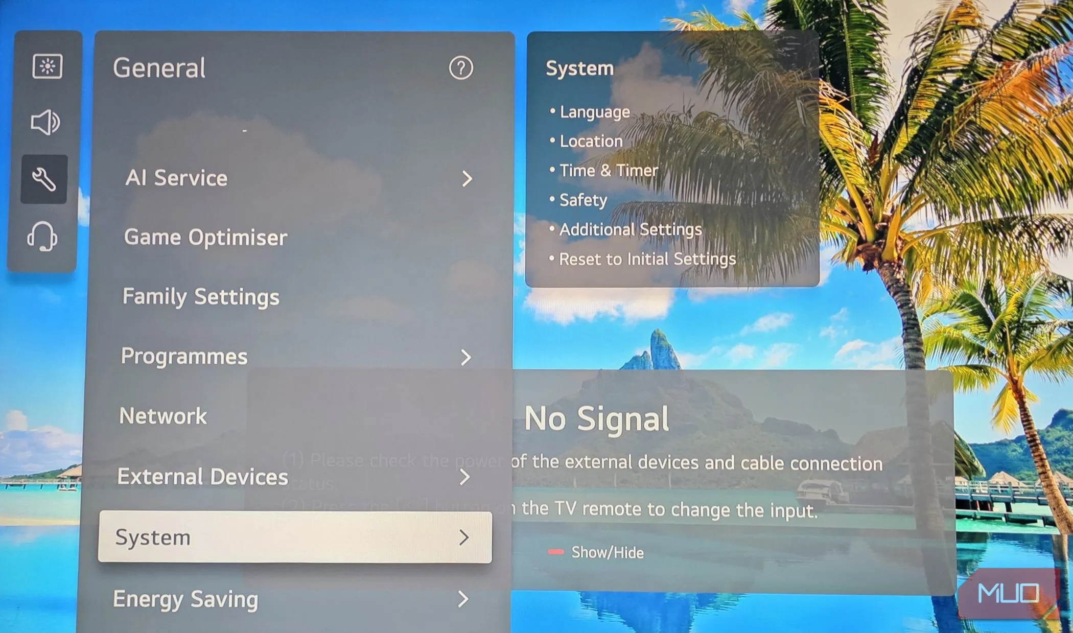 Menu cài đặt chung trên Smart TV LG, nơi kiểm tra các tùy chọn quyền riêng tư và chia sẻ dữ liệu.