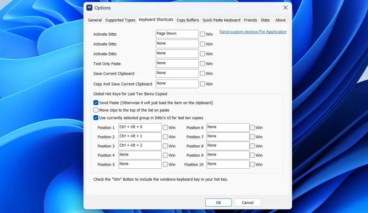 Menu cài đặt của Ditto minh họa tab &quot;Hot Keys&quot;, nơi người dùng có thể tùy chỉnh các phím tắt để truy cập và thao tác nhanh chóng với clipboard.
