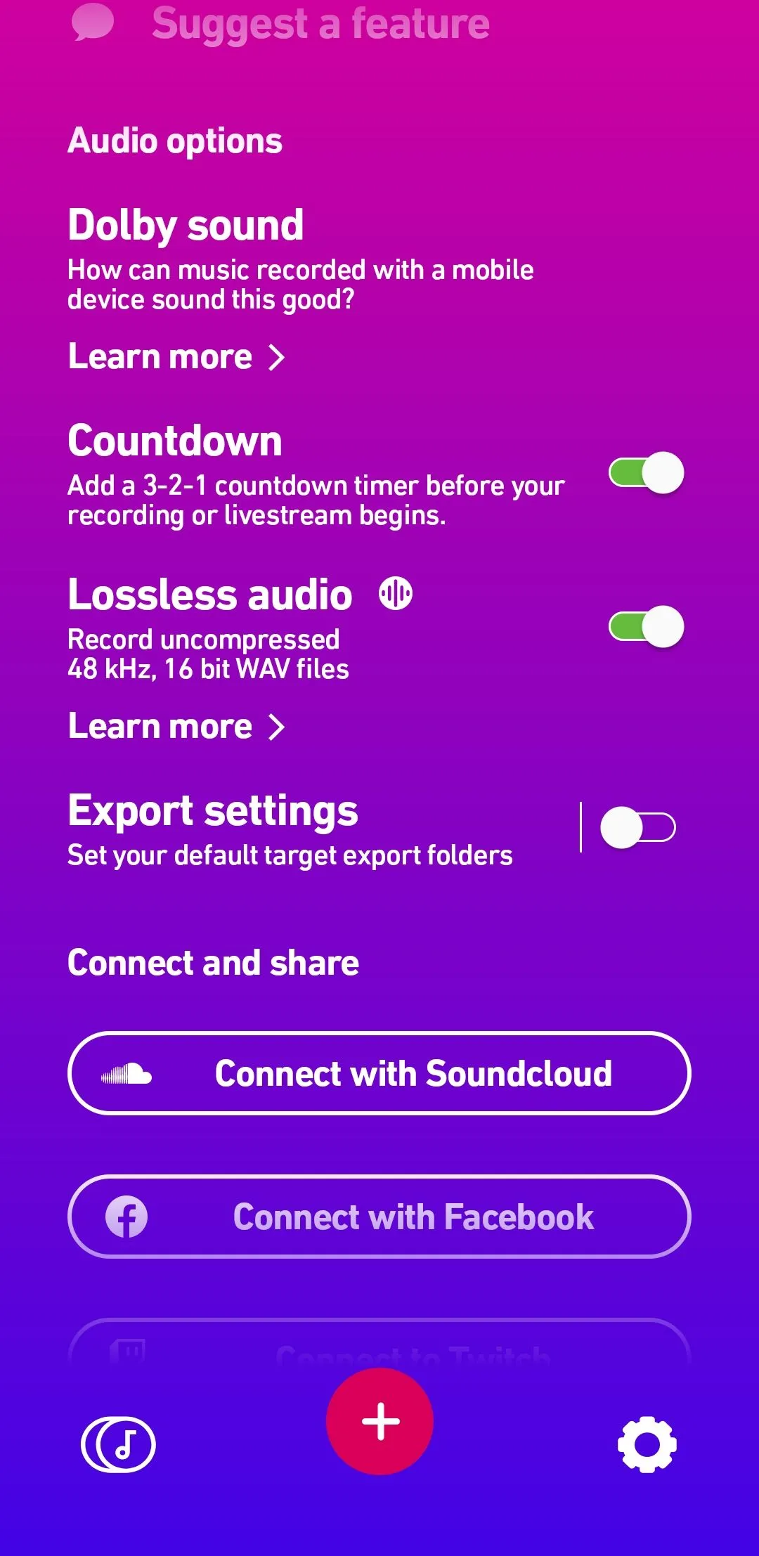 Menu cài đặt của ứng dụng Dolby On, hiển thị tùy chọn &quot;Countdown&quot; (Đếm ngược) để kích hoạt tính năng hẹn giờ trước khi bắt đầu ghi âm, giúp người dùng chuẩn bị sẵn sàng.