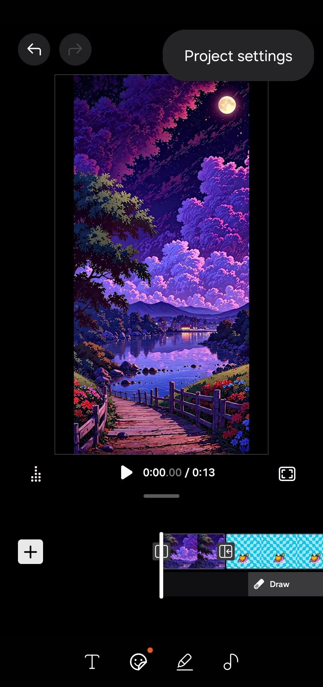 Menu cài đặt dự án trong ứng dụng Samsung Studio trên Galaxy