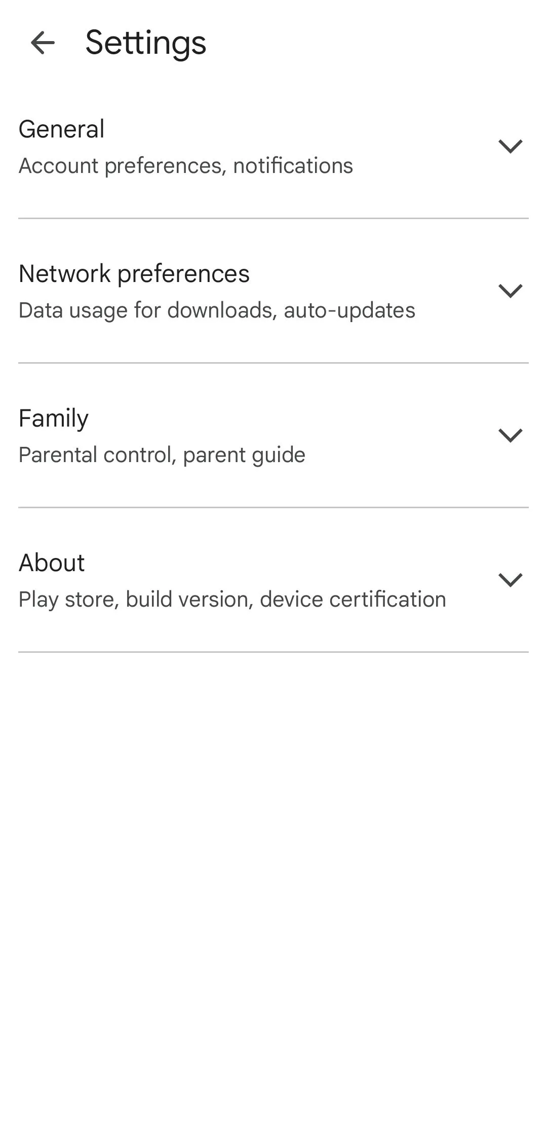 Menu cài đặt Google Play Store trên Android hiển thị tùy chọn 'Gia đình' để thiết lập Thư viện gia đình
