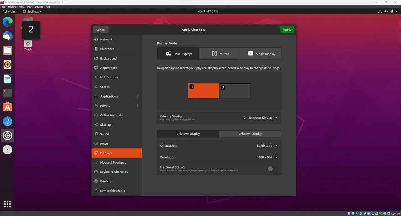 Menu cài đặt hiển thị đa màn hình trên hệ điều hành Linux Ubuntu 20.04 LTS