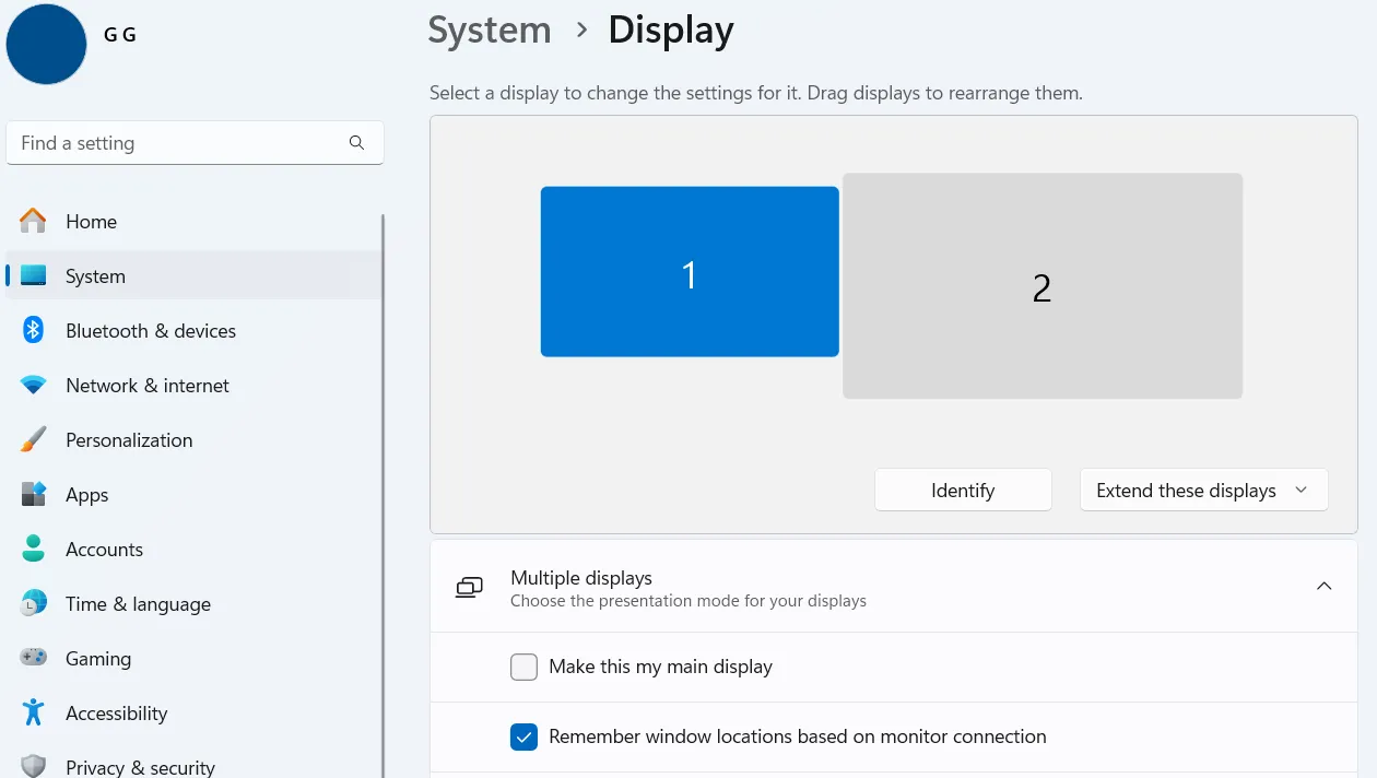 Menu cài đặt hiển thị Display settings trên Windows 11