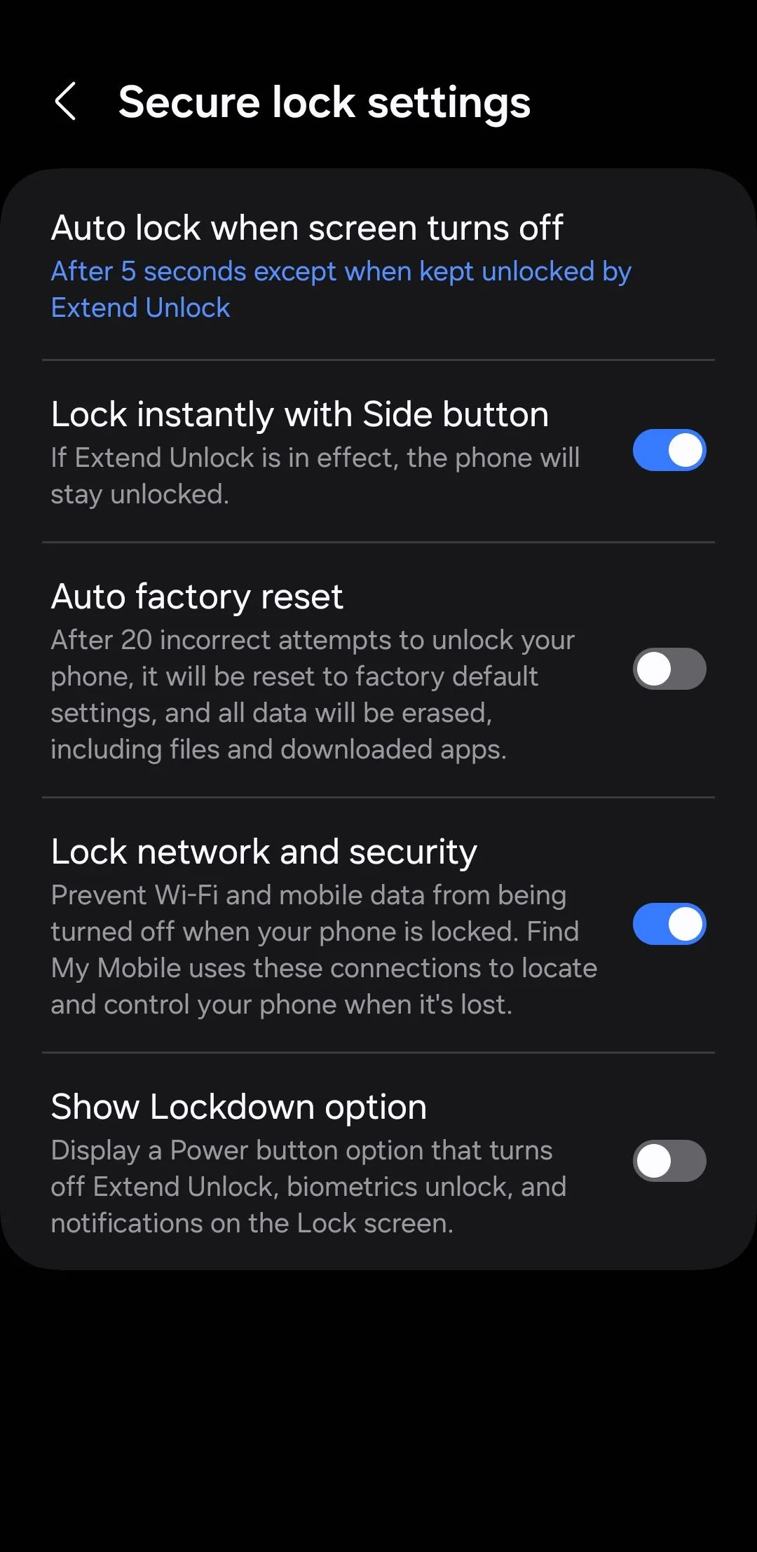 Menu cài đặt khóa bảo mật trên điện thoại Android, nơi vô hiệu hóa truy cập Cài đặt nhanh từ màn hình khóa để nâng cao bảo mật