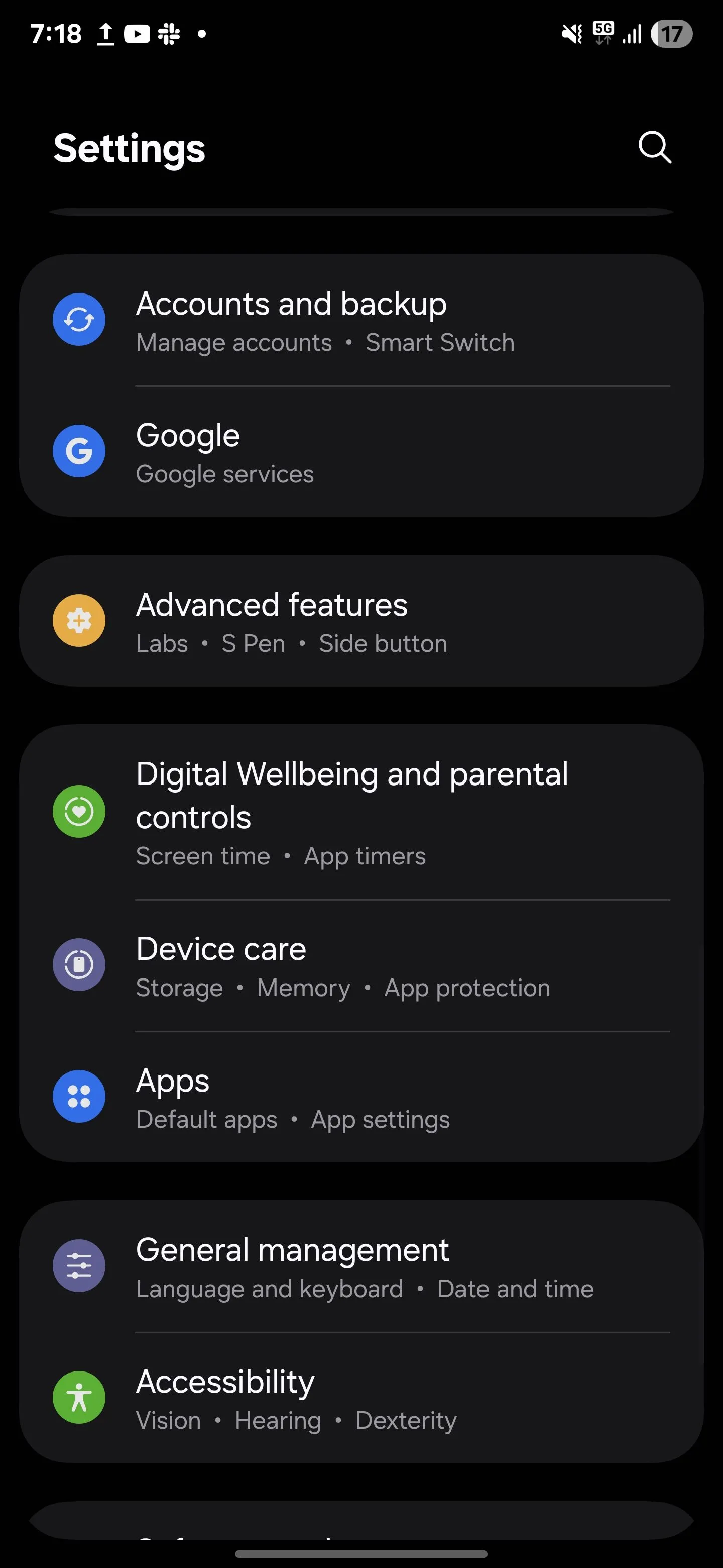 Menu Cài đặt nâng cao của Samsung với tùy chọn cử chỉ và chuyển động