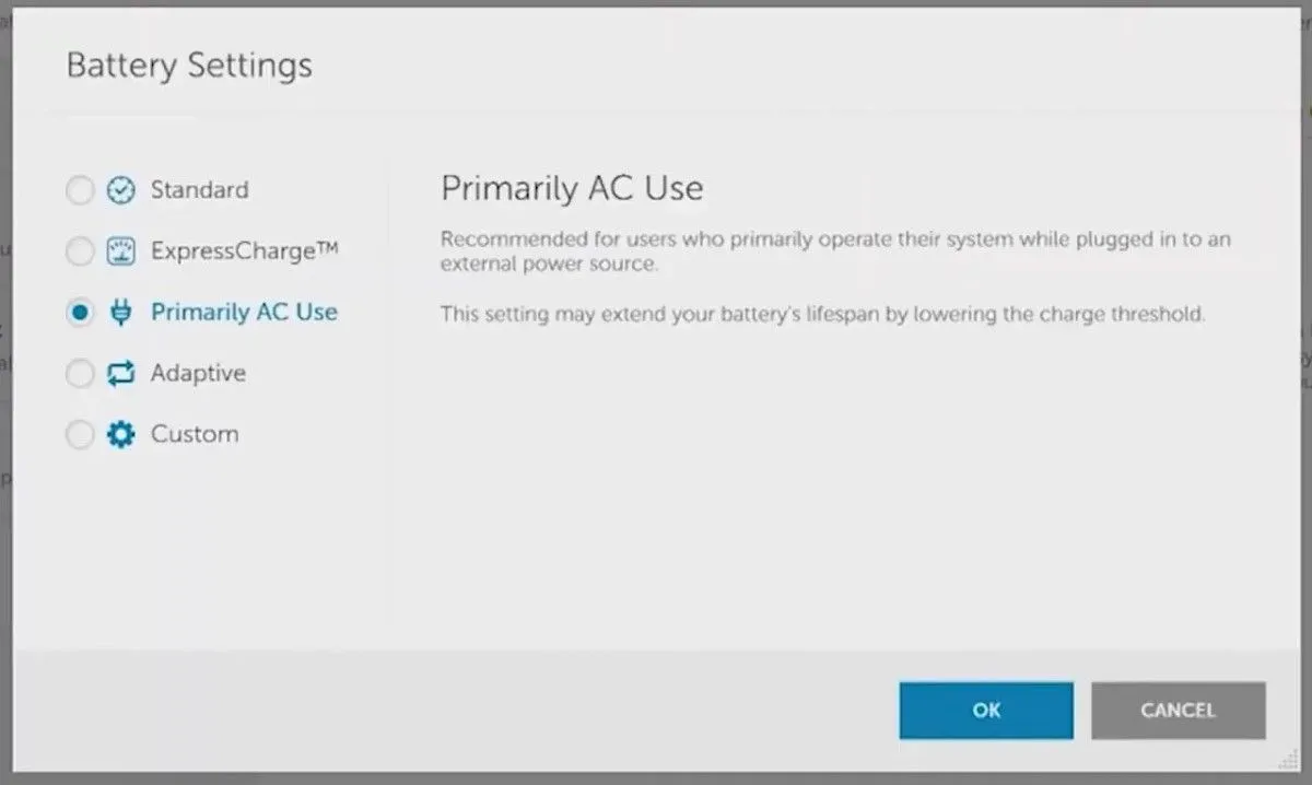 Menu cài đặt pin trong Dell Power Manager, hiển thị các tùy chọn giới hạn sạc pin cho laptop Dell