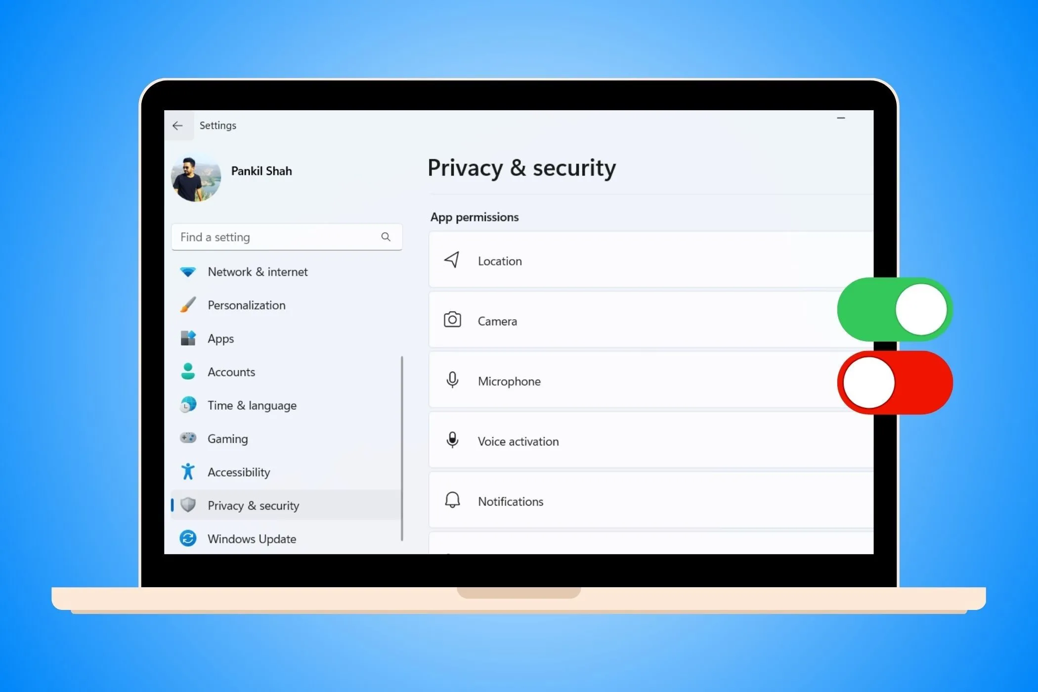 Menu cài đặt Quyền riêng tư &amp; Bảo mật trong ứng dụng Cài đặt của Windows, hiển thị các tùy chọn bật tắt