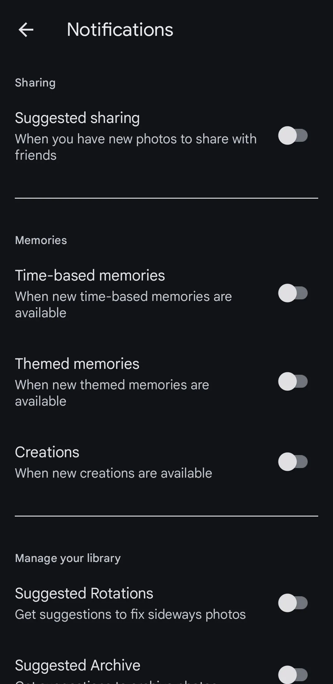 Menu cài đặt thông báo của Google Photos trên hệ điều hành Android