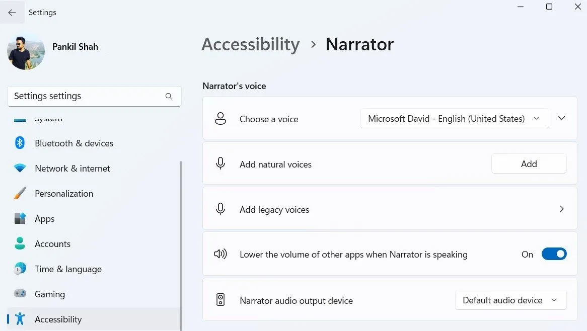 Menu cài đặt tính năng Narrator trong ứng dụng Cài đặt Windows