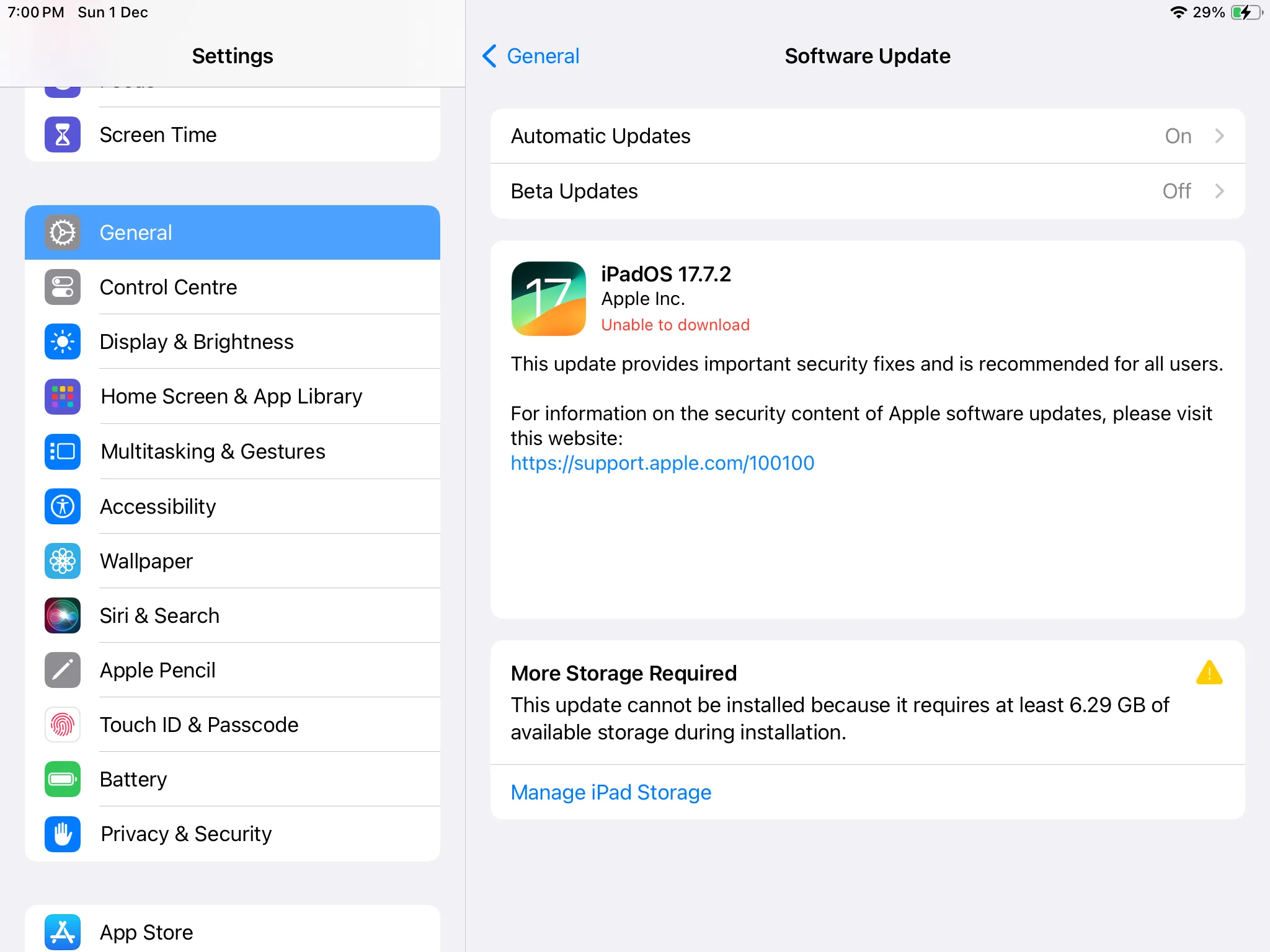Menu Cập nhật phần mềm iPadOS hiển thị phiên bản iPadOS 17 mới sẵn sàng để cài đặt