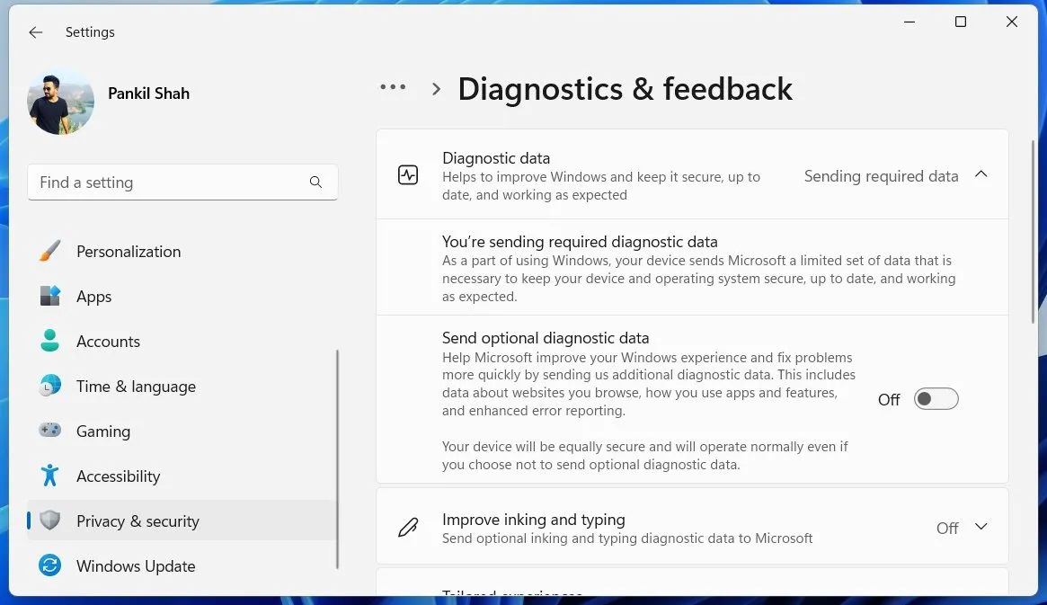 Menu Chẩn đoán &amp; phản hồi trong Cài đặt Windows 11, hiển thị tùy chọn dữ liệu chẩn đoán tùy chọn.