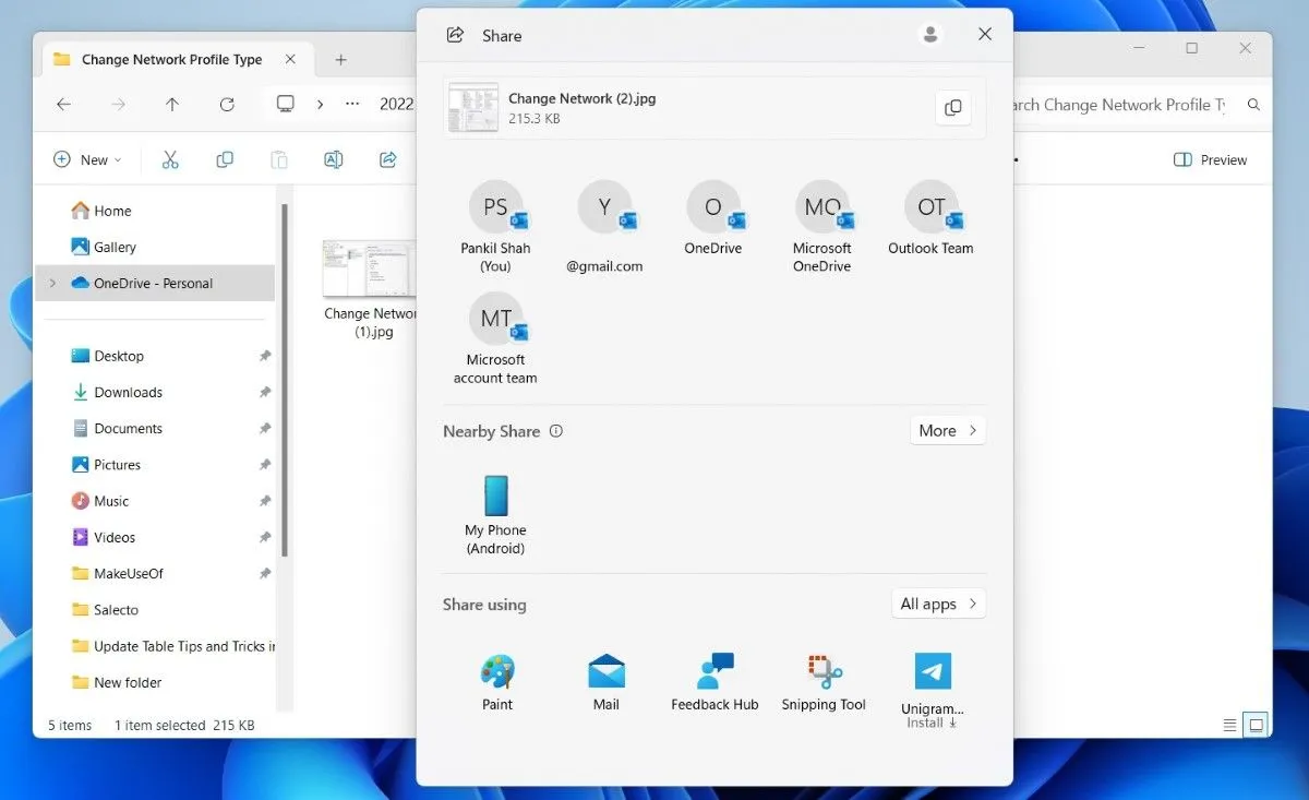 Menu chia sẻ tệp trực tiếp trong File Explorer của Windows 11