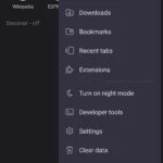 Menu chính Kiwi Browser trên Android hiển thị tùy chọn Tiện ích mở rộng và chế độ nhà phát triển