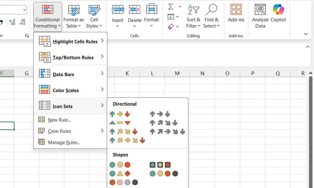 Menu chọn bộ biểu tượng Icon Sets trong tính năng Conditional Formatting của Excel