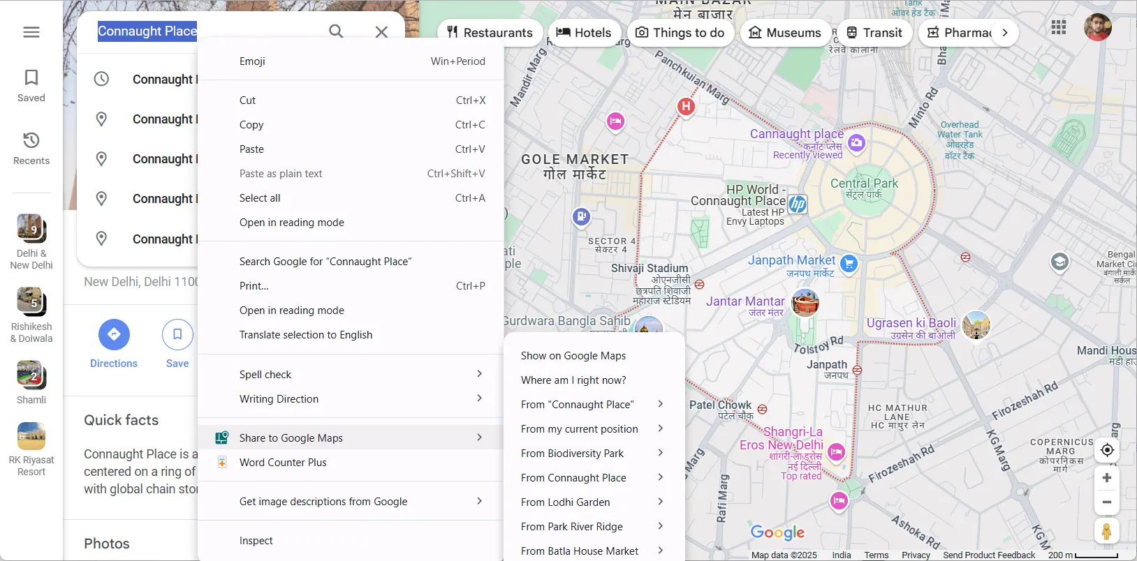 Menu chuột phải với tùy chọn Chia sẻ đến Google Maps để truy cập địa điểm nhanh chóng