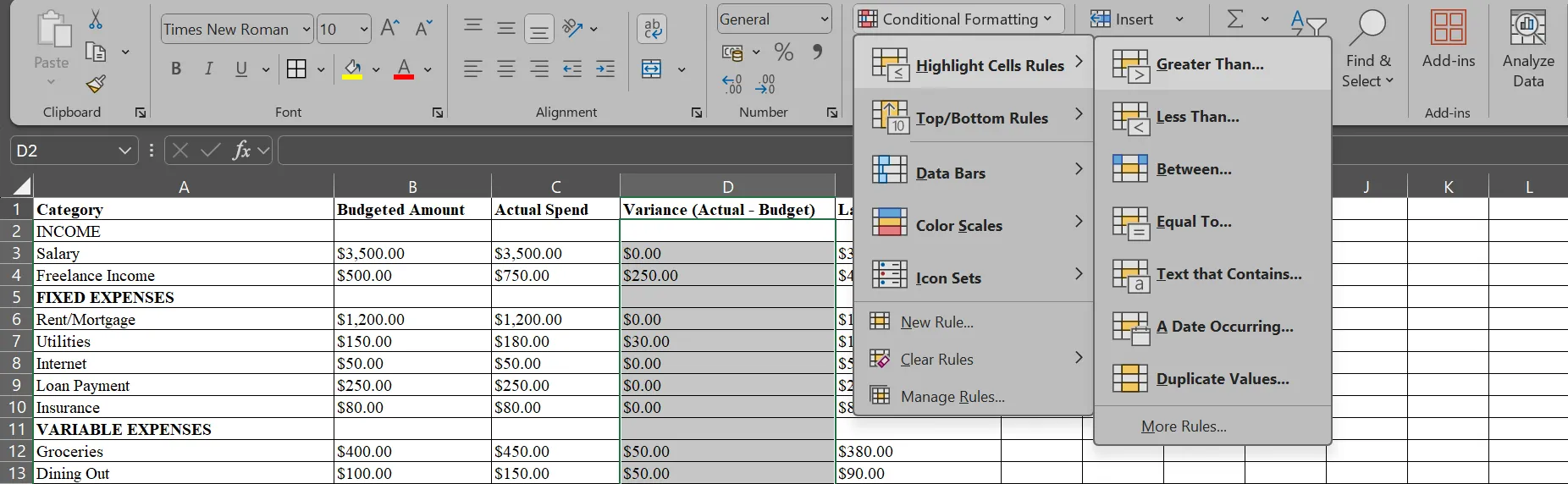 Menu Conditional Formatting (Định dạng có Điều kiện) hiển thị trên bảng tính ngân sách trong Microsoft Excel