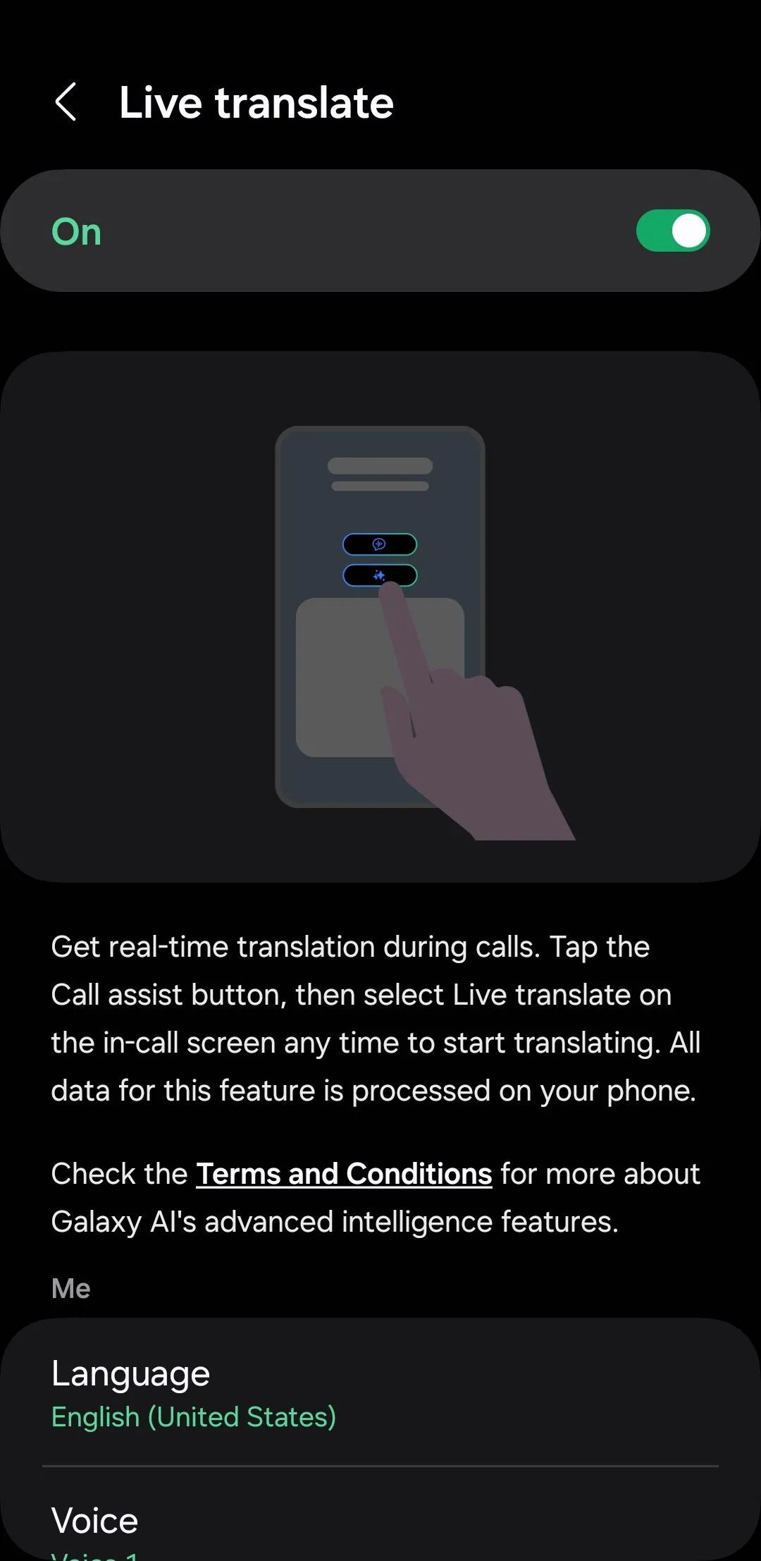 Menu dịch trực tiếp (Live Translate) trong ứng dụng Điện thoại Samsung