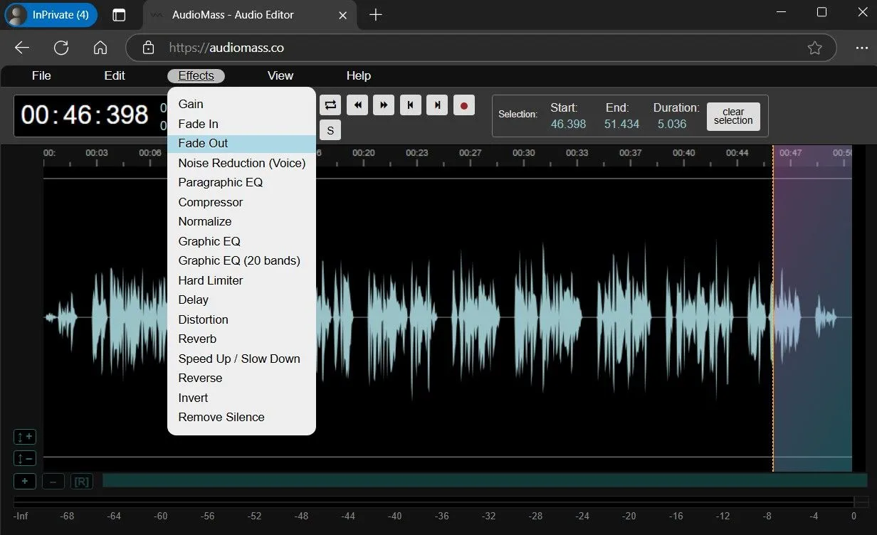 Menu Effects trong AudioMass Audio Editor hiển thị tùy chọn Fade Out