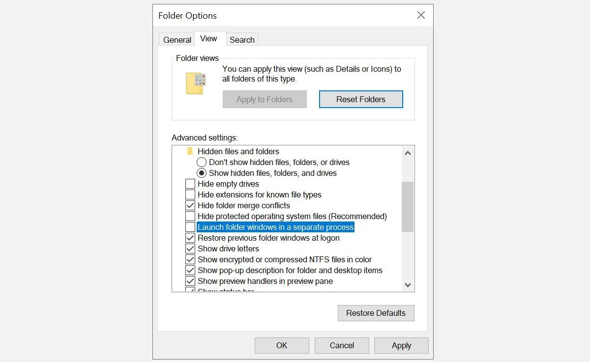Menu &quot;Folder Options&quot; trên Windows hiển thị tùy chọn &quot;Launch folder windows in a separate process&quot; trong tab &quot;View&quot;.
