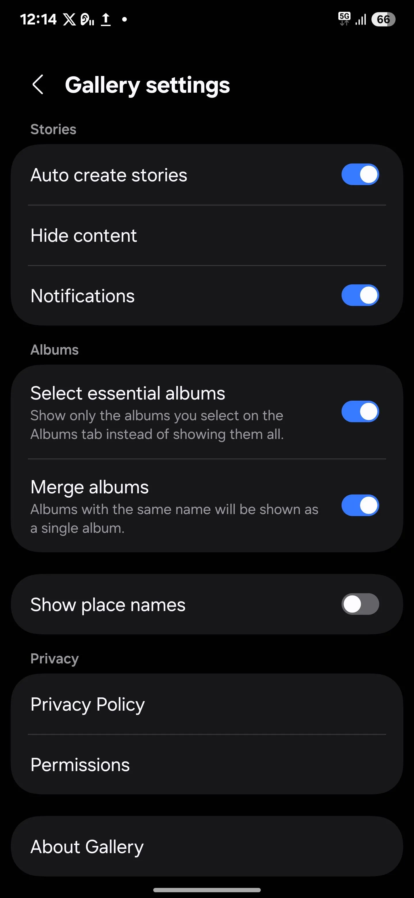 Menu Giới thiệu về Thư viện (About Gallery) trong Cài đặt Thư viện Samsung.