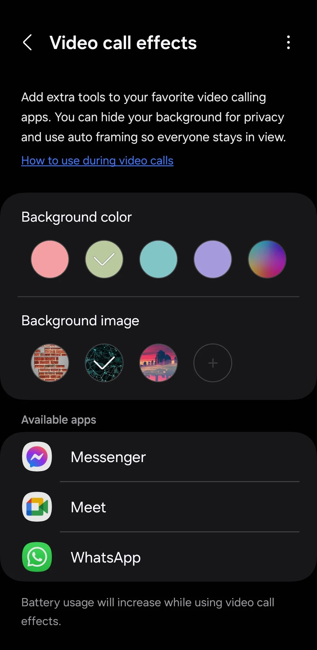 Menu hiệu ứng cuộc gọi video trên điện thoại Samsung, cho phép làm mờ hoặc thay đổi nền