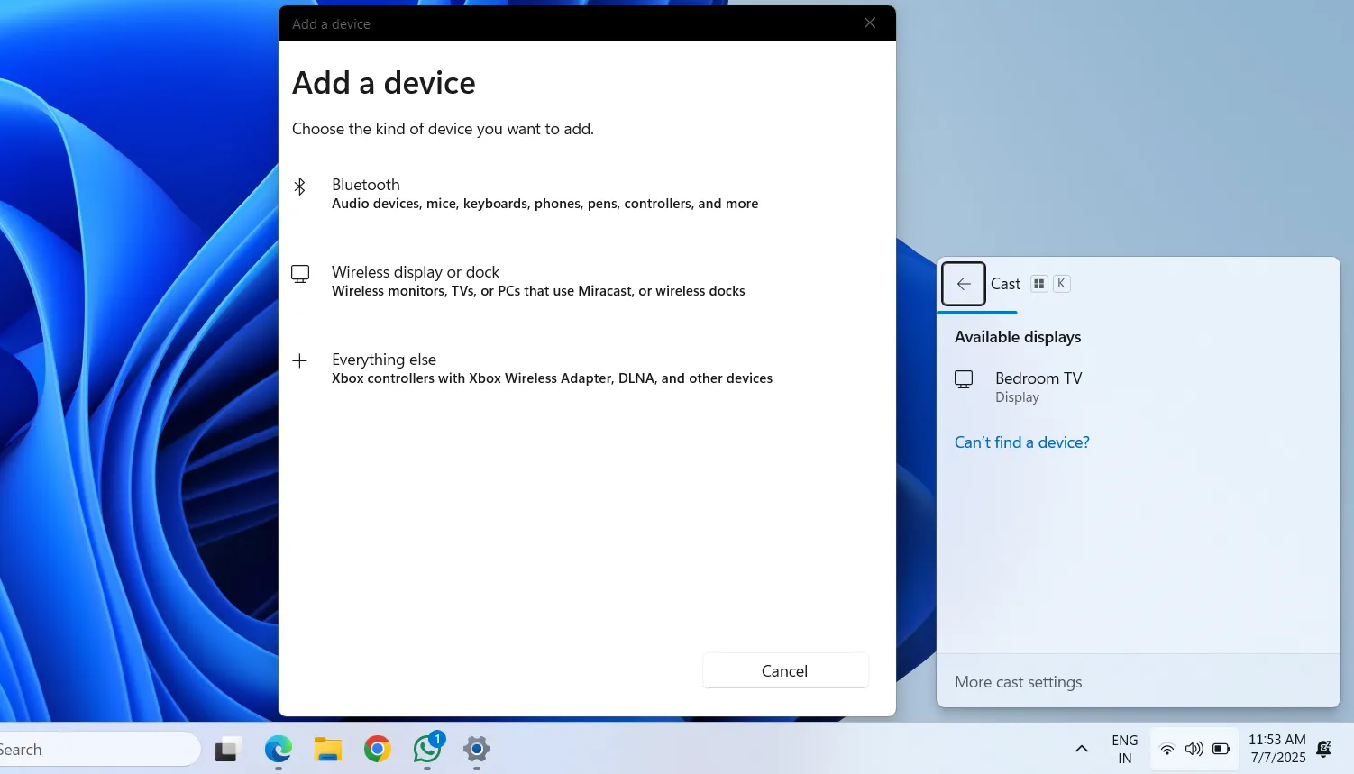 Menu kết nối không dây Cast trên màn hình desktop Windows 11