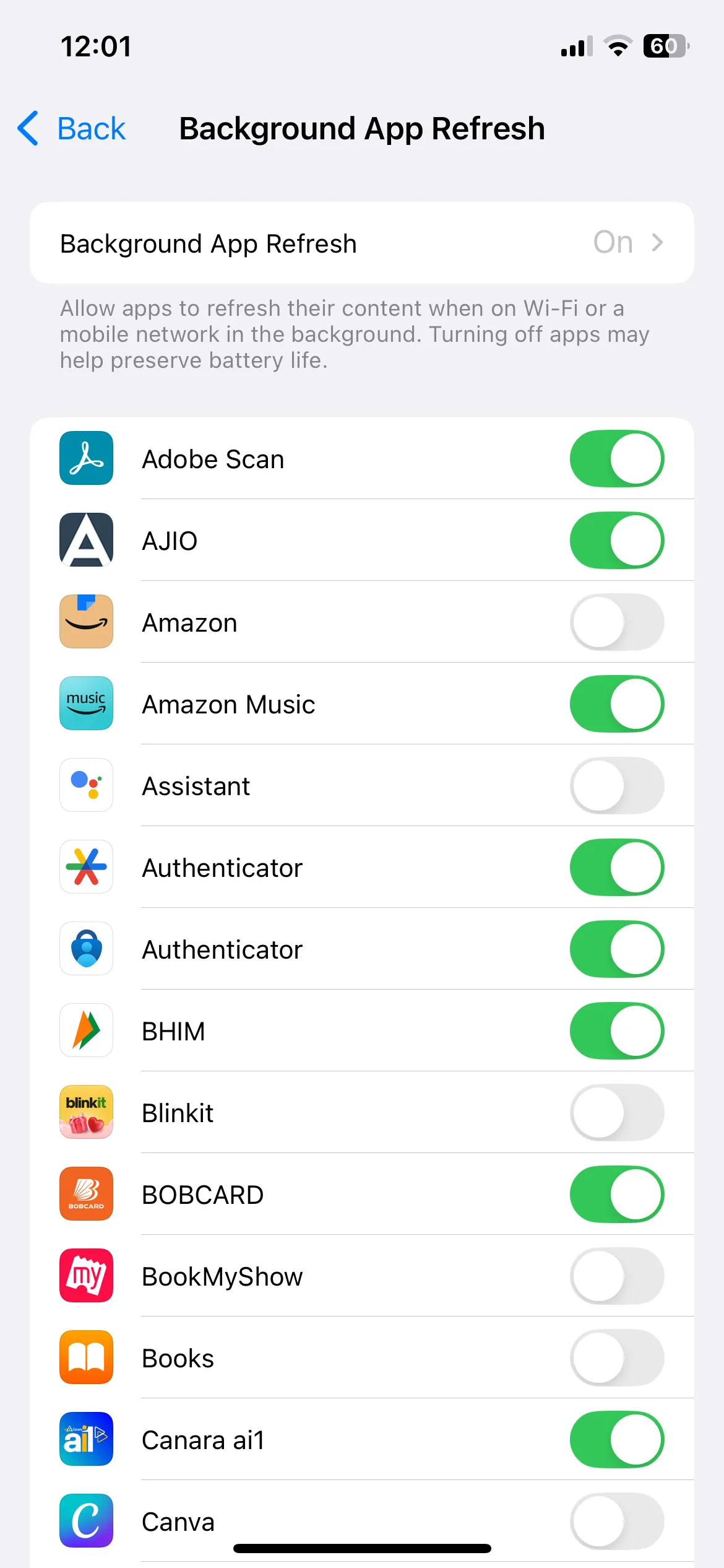 Menu Làm mới ứng dụng trong nền trên iPhone, cho phép tắt/bật cho từng ứng dụng.