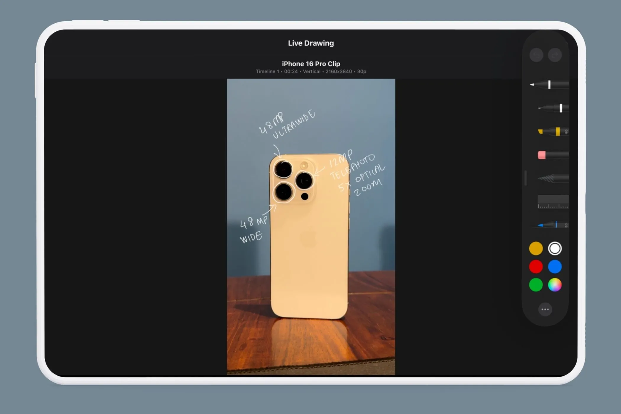 Menu lựa chọn công cụ vẽ Live Drawing trong Final Cut Pro iPad với các tùy chọn đa dạng