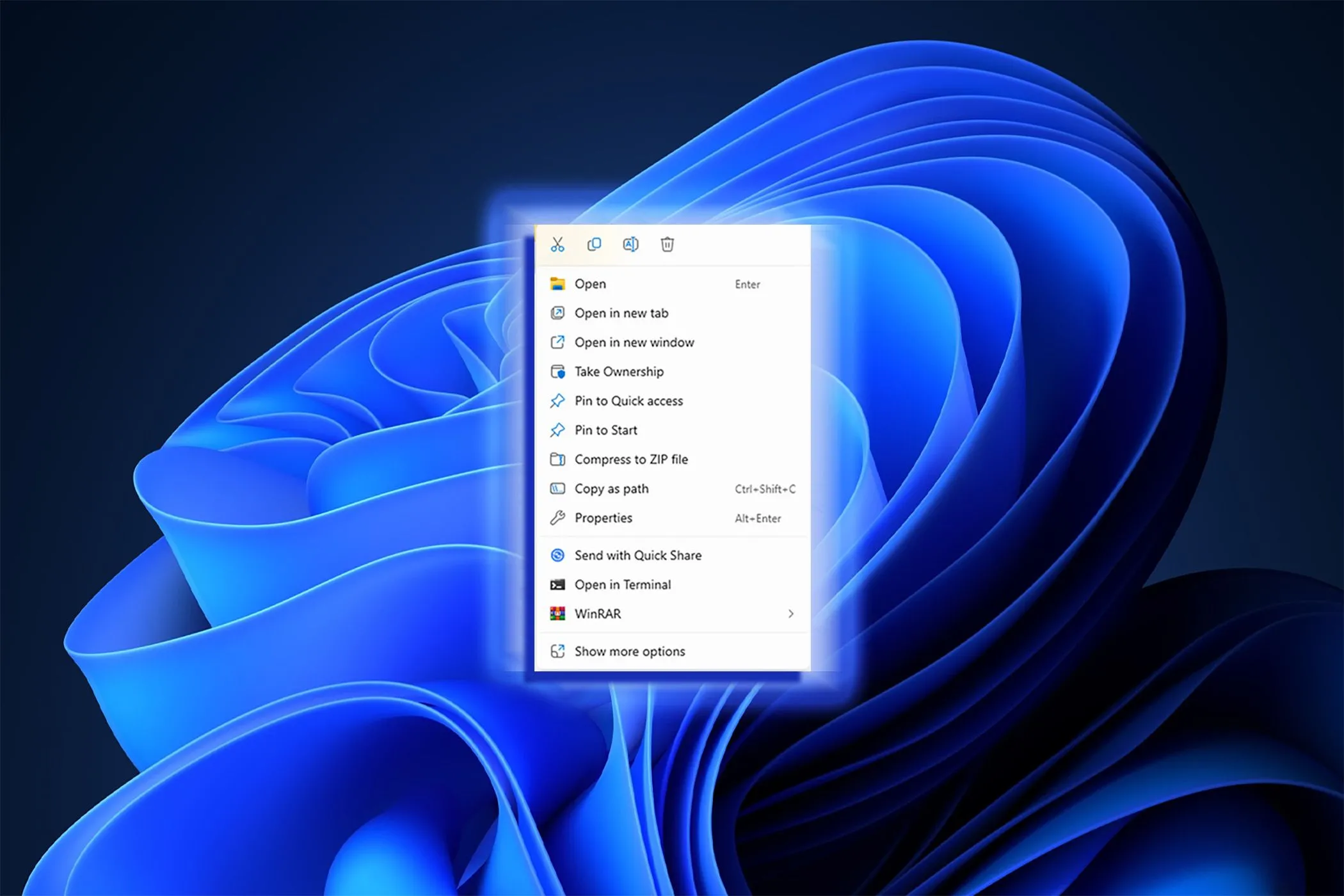 Menu ngữ cảnh (chuột phải) mặc định của Windows 11 với tùy chọn 'Hiển thị thêm tùy chọn'.