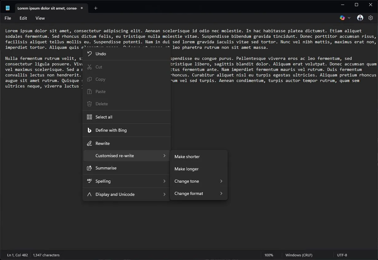 Menu ngữ cảnh của Notepad hiển thị các tính năng AI Copilot mới như Rewrite, Customized re-write và Summarize