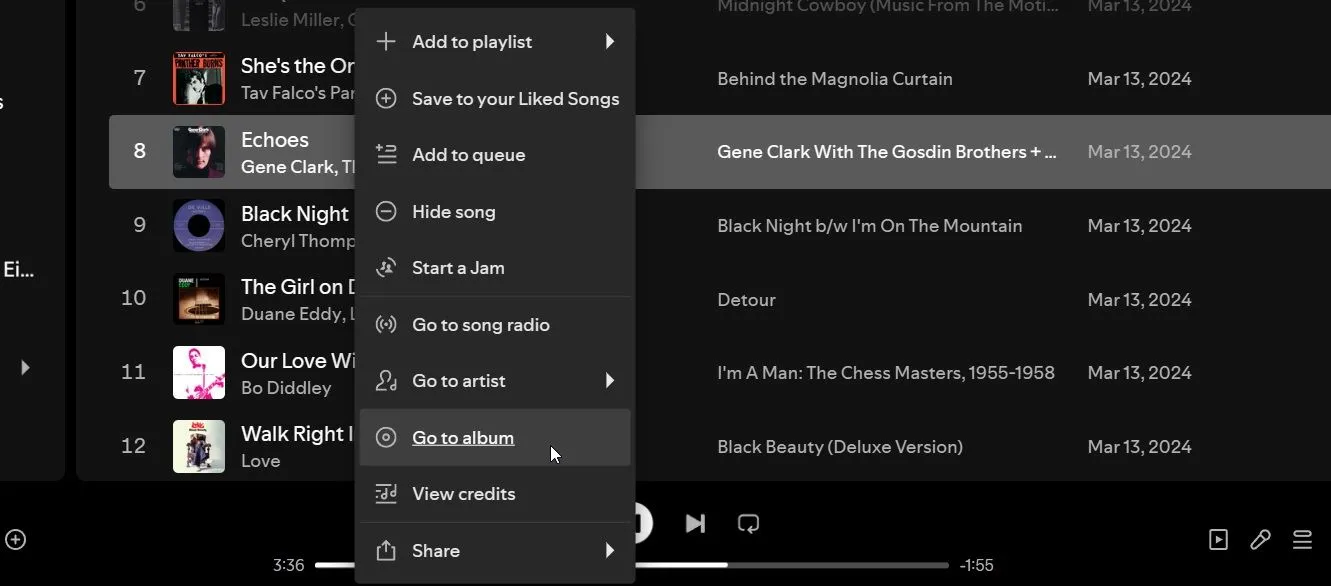 Menu ngữ cảnh của Spotify trên điện thoại hoặc máy tính, hiển thị tùy chọn 'Chuyển đến album' để truy cập album từ một bài hát.