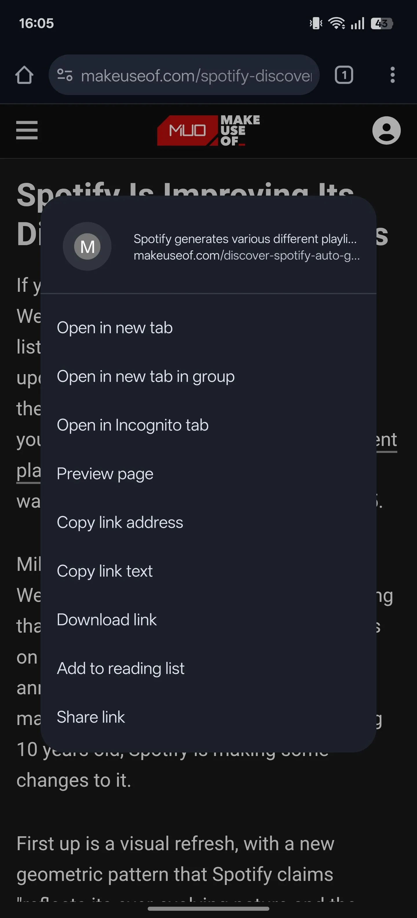 Menu ngữ cảnh hiển thị tùy chọn &quot;Xem trước trang&quot; khi nhấn giữ một liên kết trên Chrome Android.