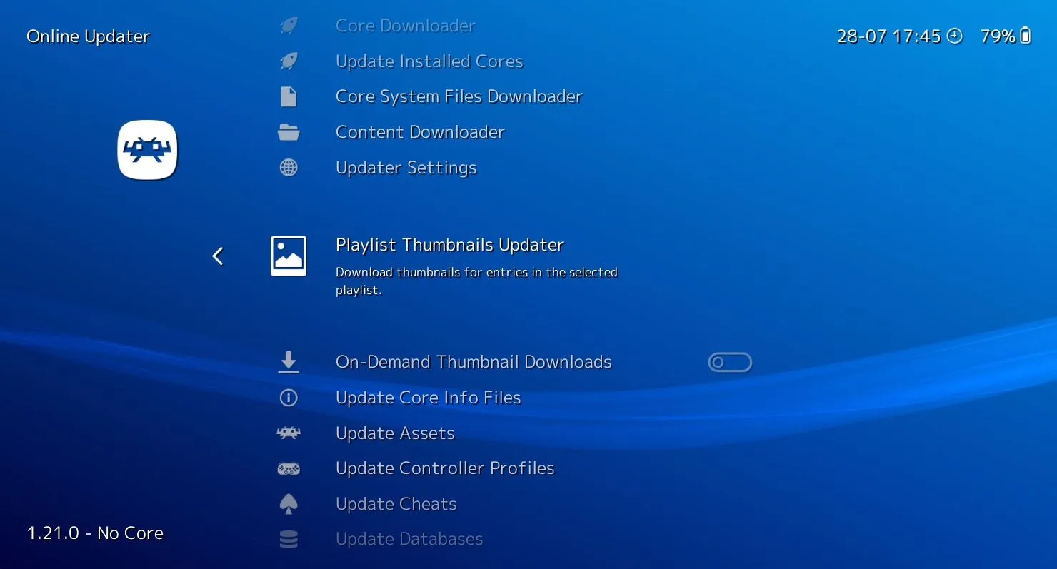 Menu Online Updater của RetroArch hiển thị tùy chọn tải xuống hình thu nhỏ (thumbnails) và bìa đĩa cho các tựa game đã thêm