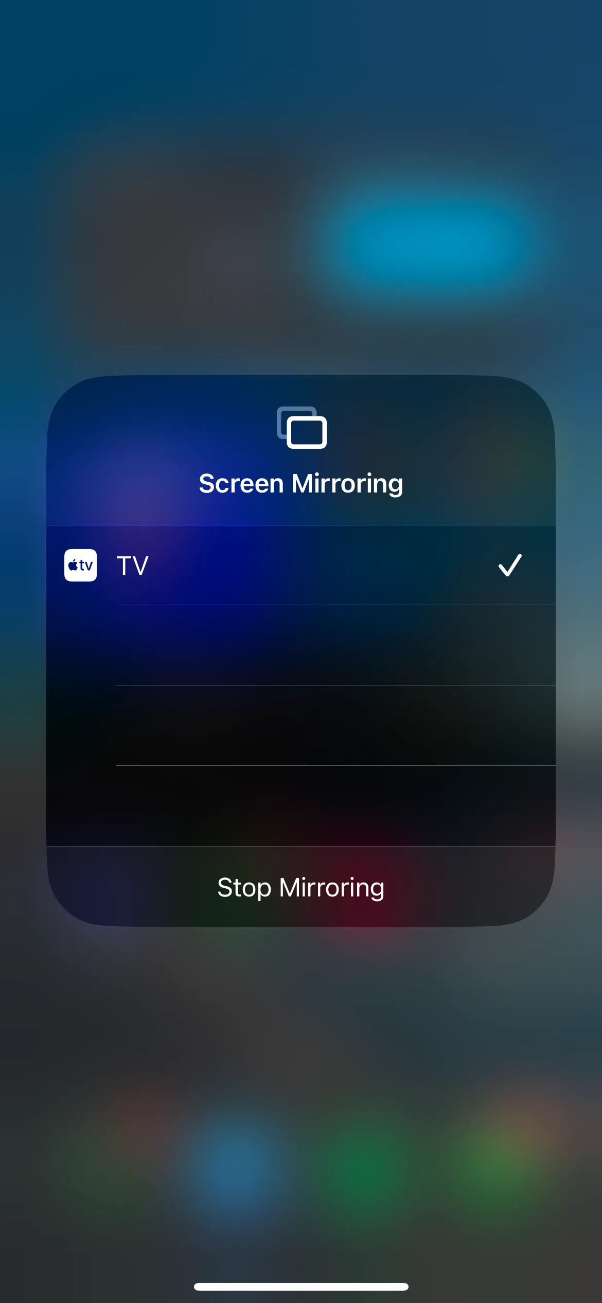 Menu phản chiếu màn hình (Screen Mirroring) trên iOS, hiển thị tùy chọn kết nối iPhone với Apple TV