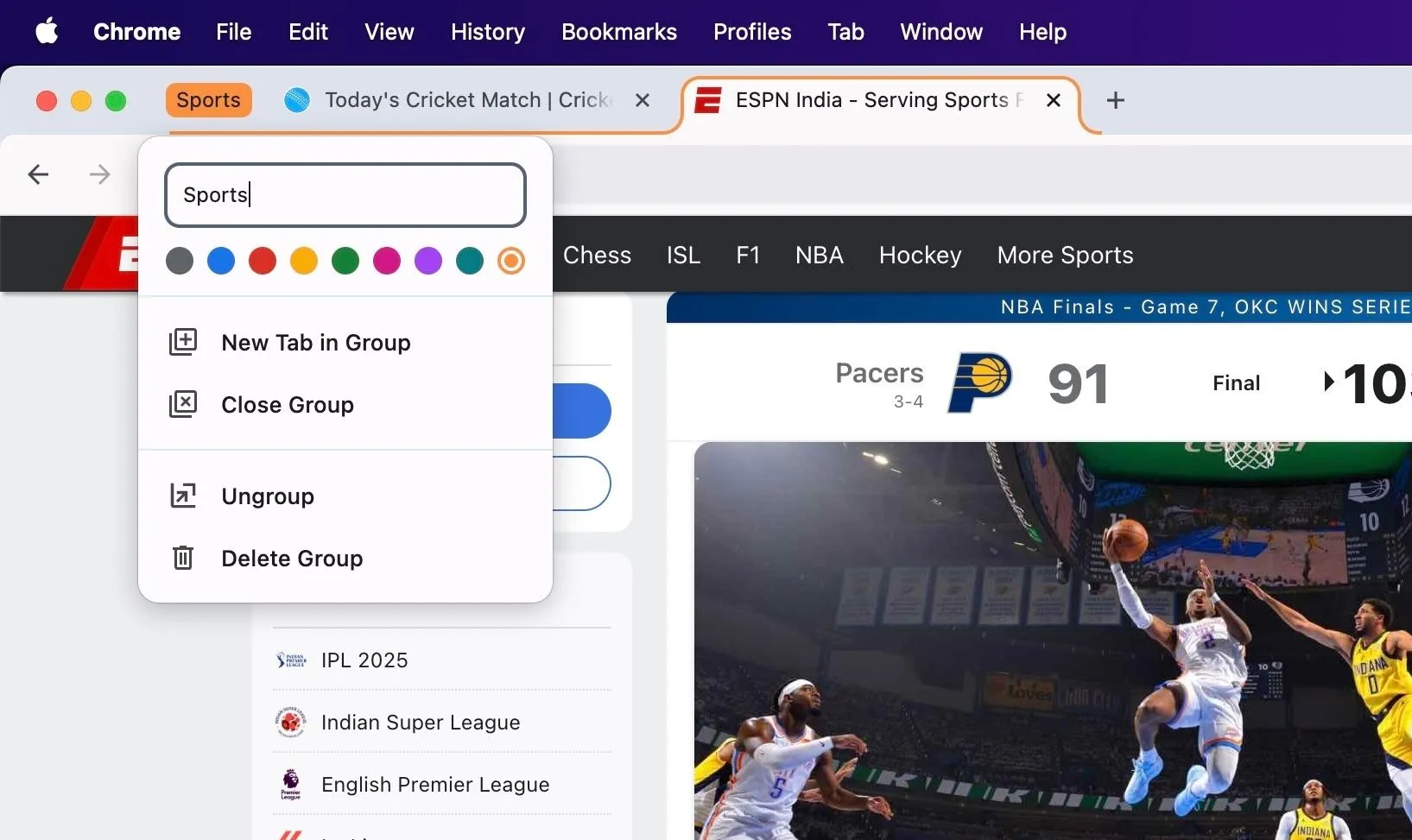 Menu quản lý nhóm tab Chrome trên macOS, hiển thị các tùy chọn như đóng nhóm, mở trong cửa sổ mới.