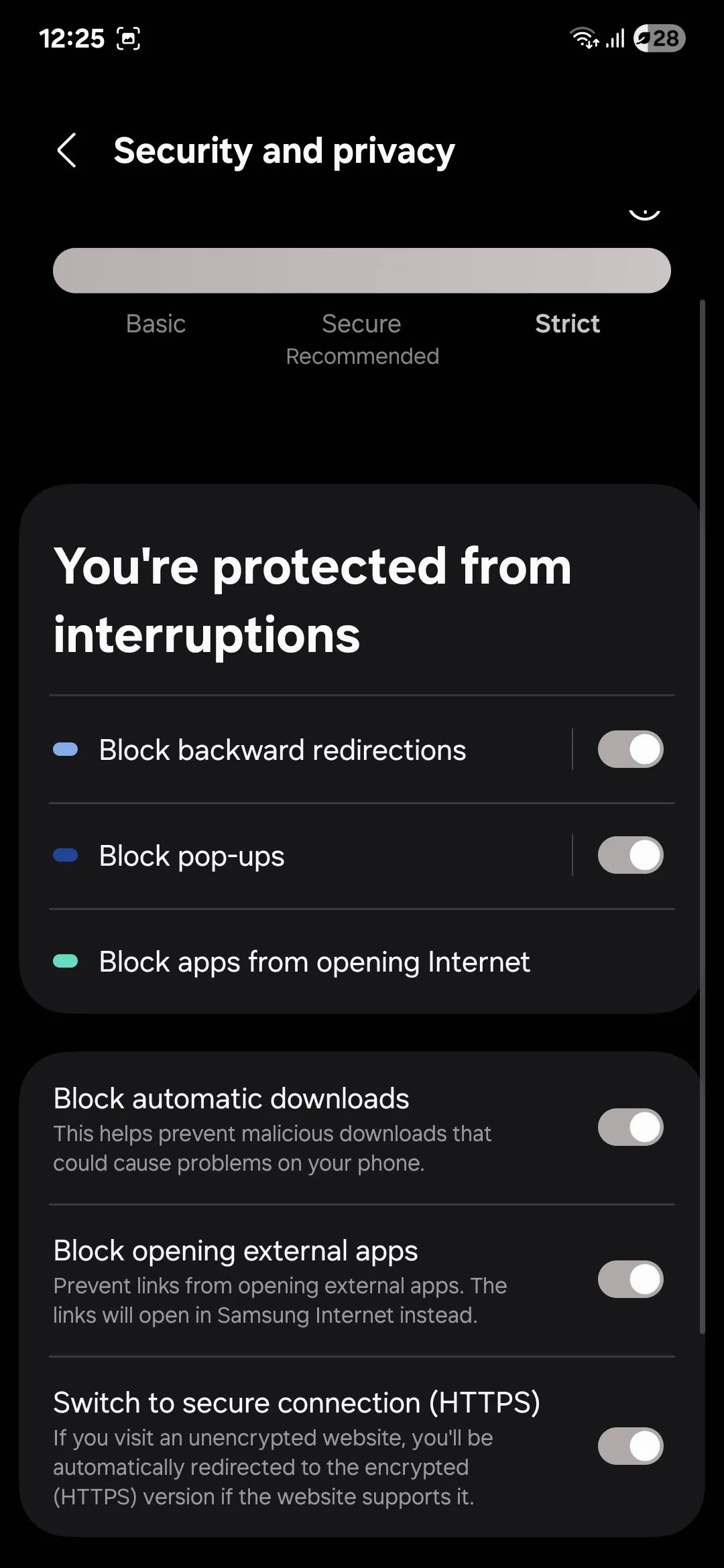 Menu quyền riêng tư trong Samsung Internet hiển thị các tùy chọn bảo mật như chế độ bí mật và chặn theo dõi