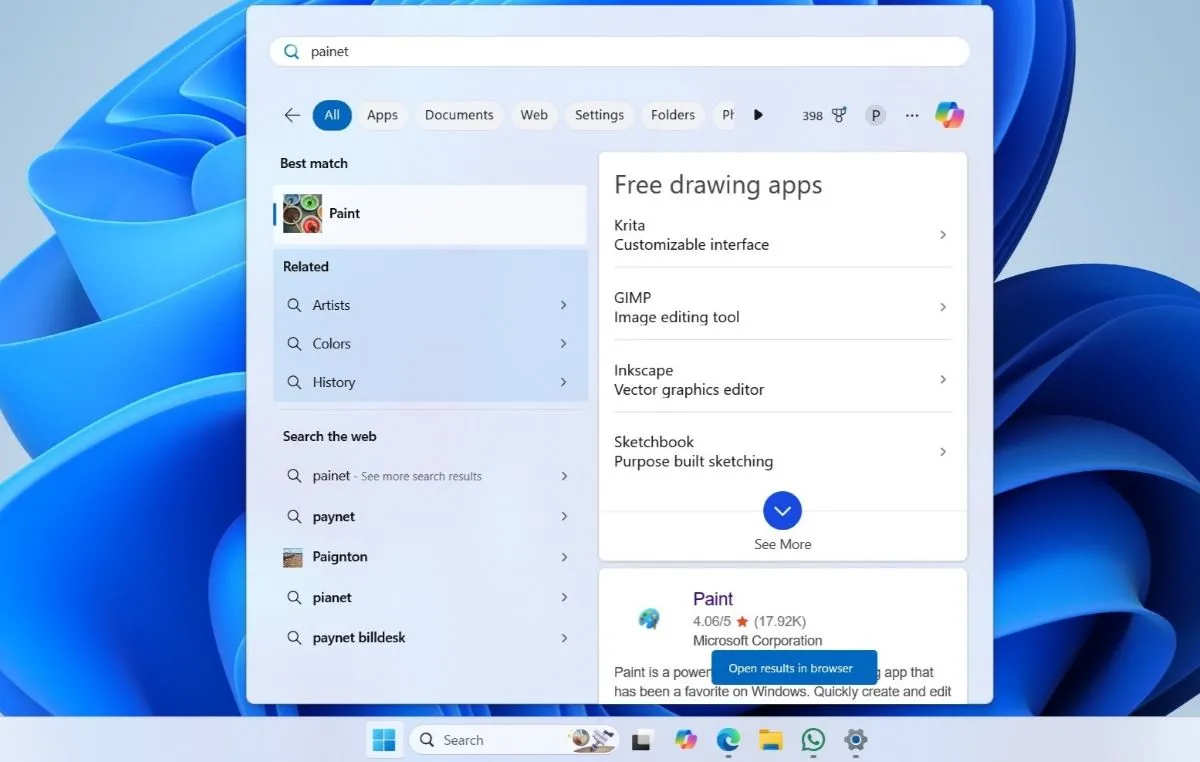Menu Start Windows 11 hiển thị kết quả tìm kiếm bao gồm cả kết quả web.